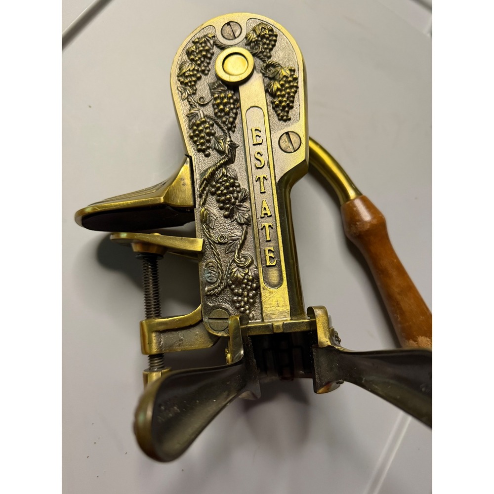 Estate Wine Opener Brass Countertop Bar Mount Corkscrew Grape Motif Vintage
